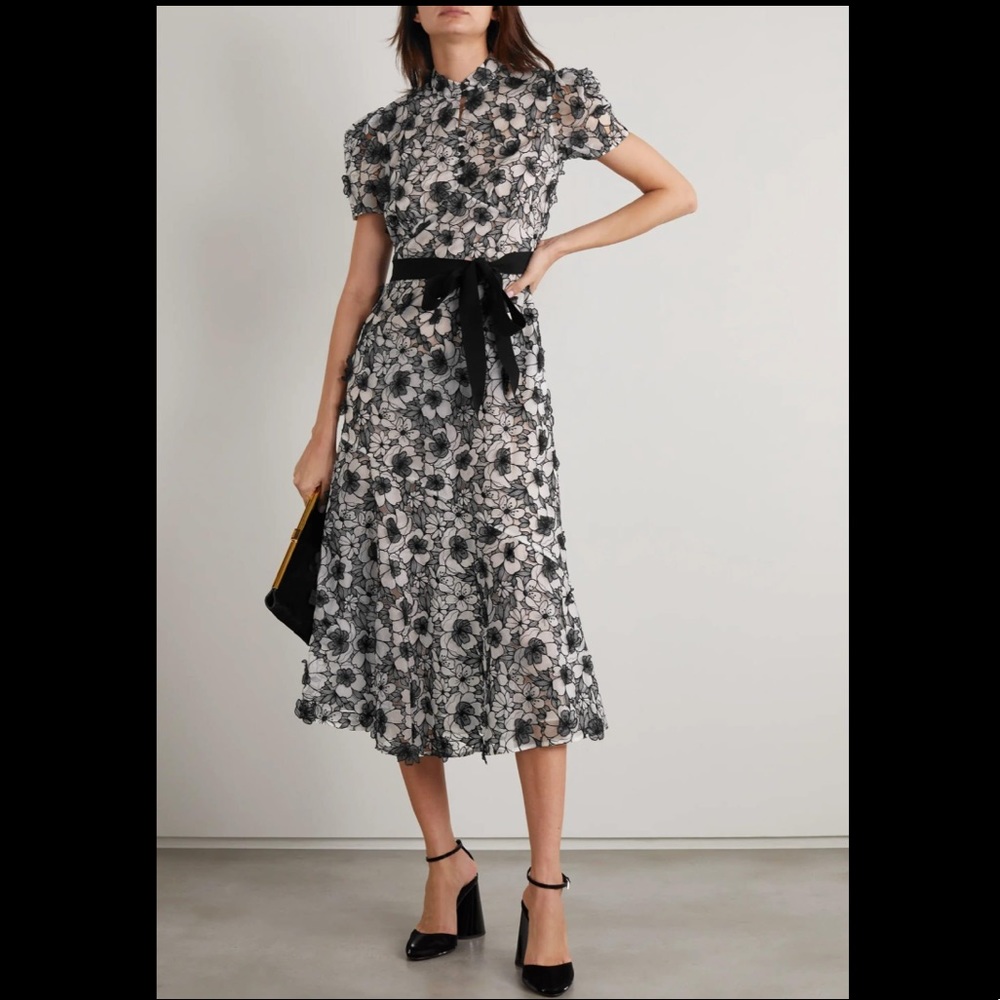 ERDEM Lauren belted appliquéd silk-organza midi dress size 6